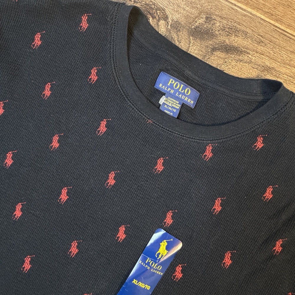Polo Ralph Lauren All Over Pony Logo Waffle Knit Black Shirt Sleepwear XL New
